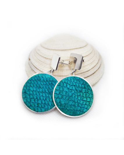 Boucles d'oreilles Makaire - argenté - cuir bleu lagon