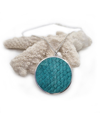 Collier Seriole - argenté - cuir bleu lagon