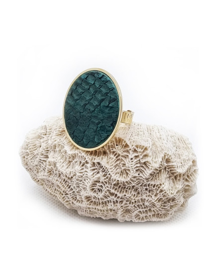 Bague Baliste grand modèle - doré - cuir vert posidonie