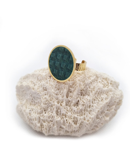 Bague Baliste petit modèle - doré - cuir vert posidonie