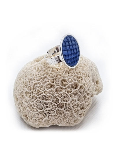 Bague Baliste petit modèle - argenté - cuir bleu océan